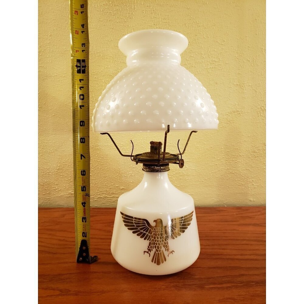 Eagle Hurricane Oil Lamp Milk Glass with Hobnail Shade Vintage - Picture 3 of 4
